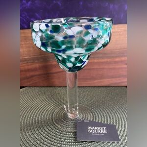 New Hand-Blown Margarita Glass Color Green, Blue White 7.5” Tall Holds 9 Ounces.